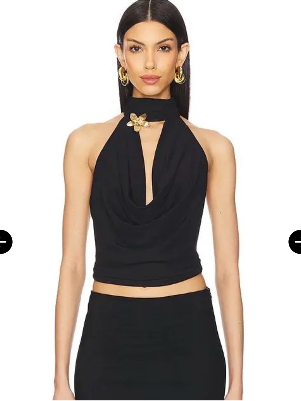 Black Draped Halter Top with Removable Gold Accent